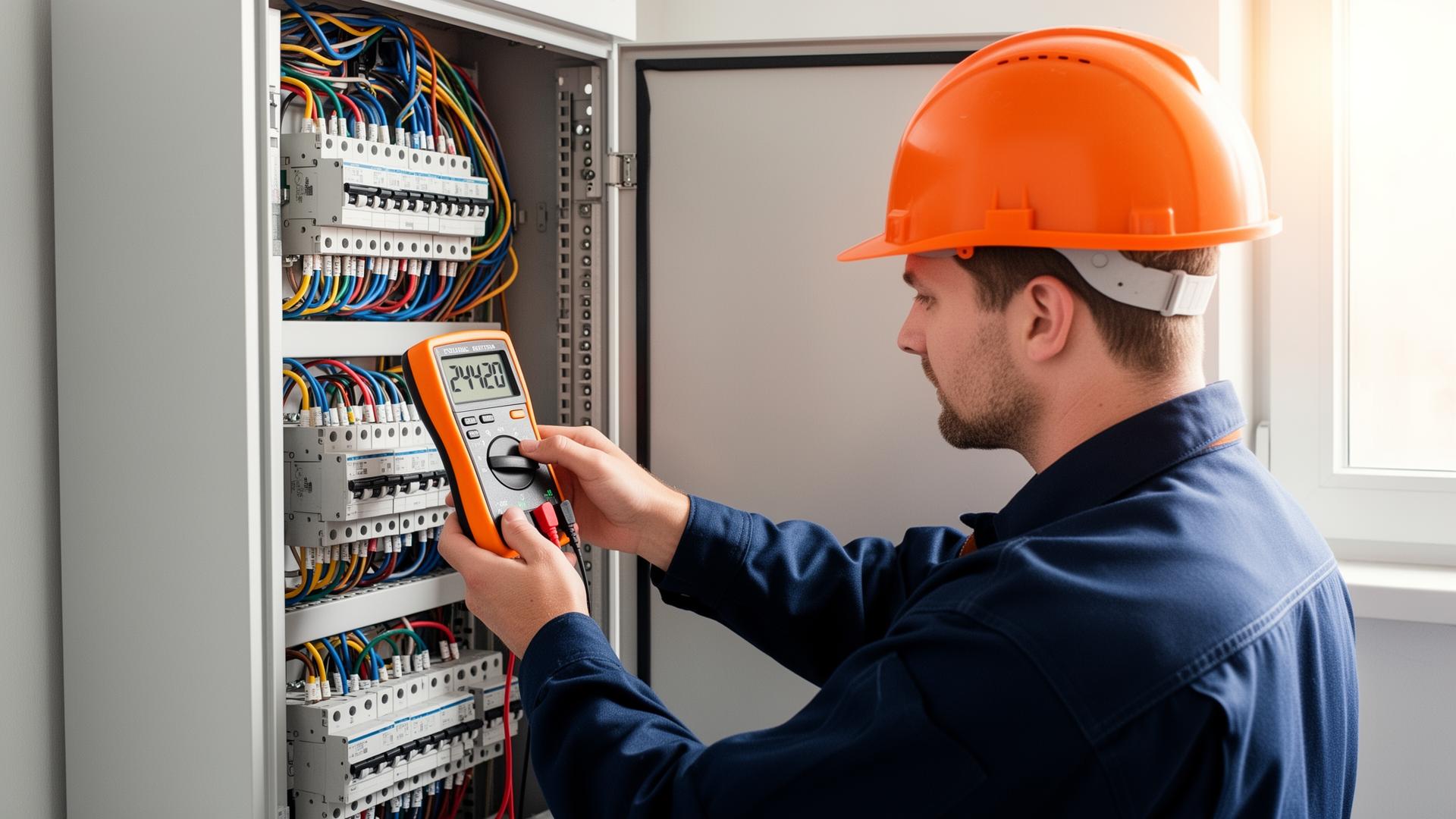 Eletricista trabalhando em quadro elétrico